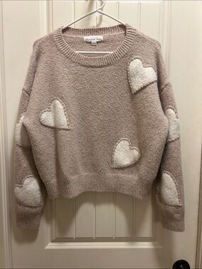 Threaded Leaf Cream Heart Appliqué Wool-Blend tan Sweater